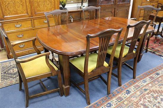 A late Victorian extending dining table, with two leaves and a set of six dining chairs W.193cm